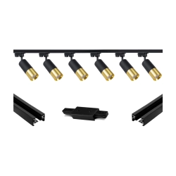 Oświetlenie szynowe 1-fazowe 6 x reflektor GU10 tuba 14 cm czarno-złoty + 2 x szyna Premium 2 m