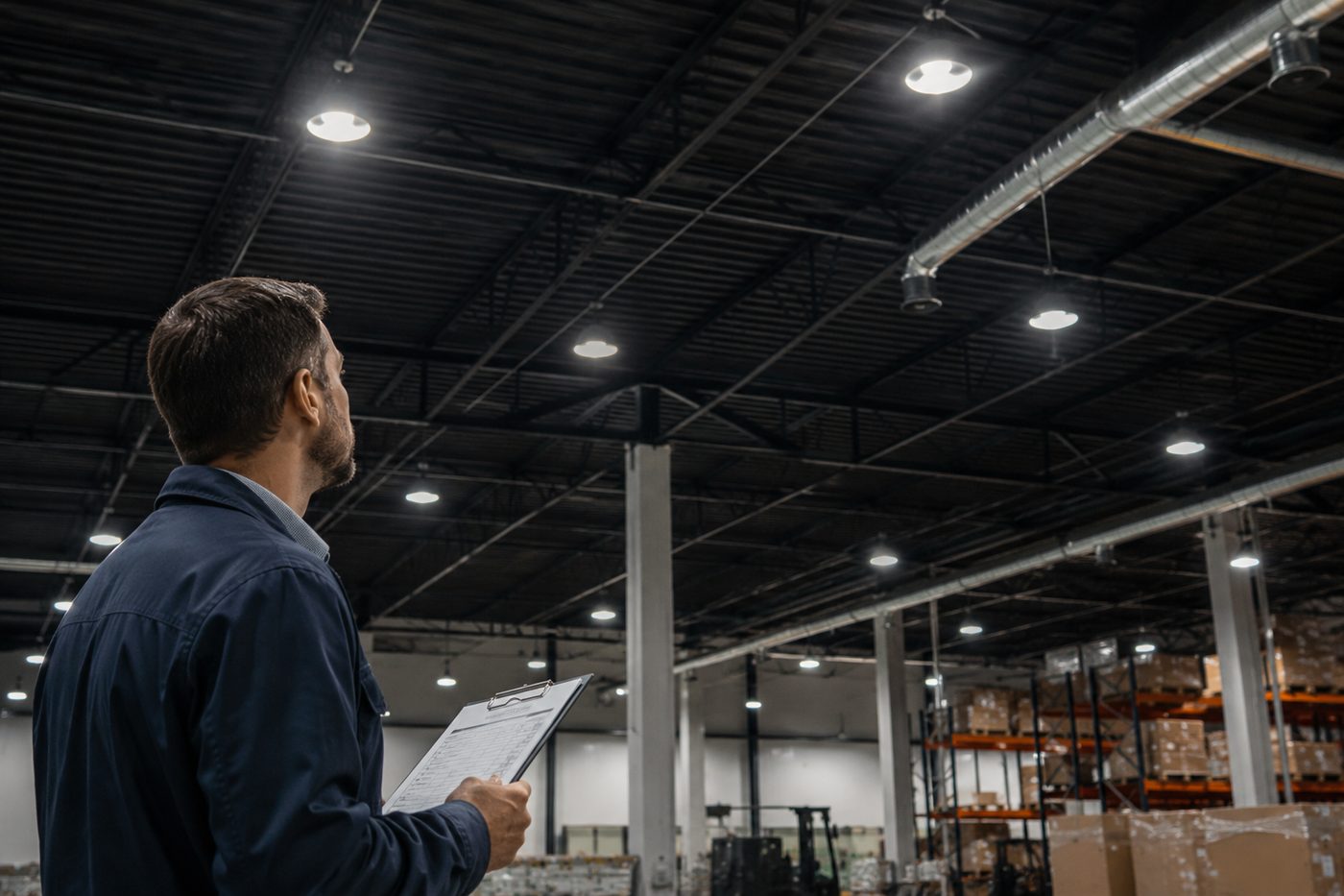 Pracownik magazynu ocenia oświetlenie LED High Bay pod sufitem wysokiej hali